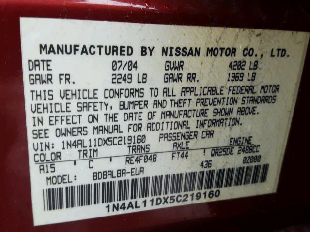 1N4AL11DX5C219160 - 2005 NISSAN ALTIMA S RED photo 10