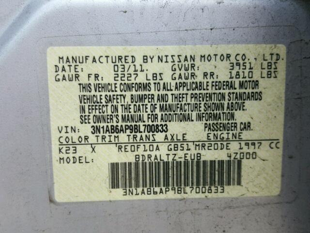 3N1AB6AP9BL700833 - 2011 NISSAN SENTRA 2.0 SILVER photo 10