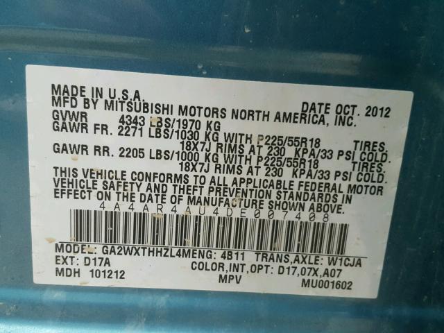 4A4AR4AU4DE007408 - 2013 MITSUBISHI OUTLANDER BLUE photo 10