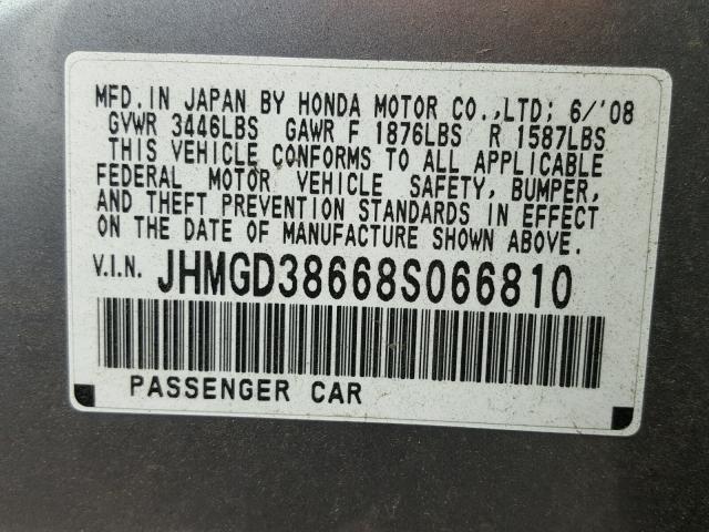 JHMGD38668S066810 - 2008 HONDA FIT SPORT SILVER photo 10