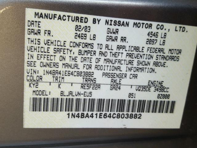 1N4BA41E64C803882 - 2004 NISSAN MAXIMA SE SILVER photo 10