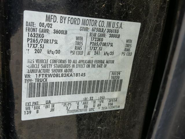 1FTRW08L83KA18145 - 2003 FORD F150 SUPER BLACK photo 10