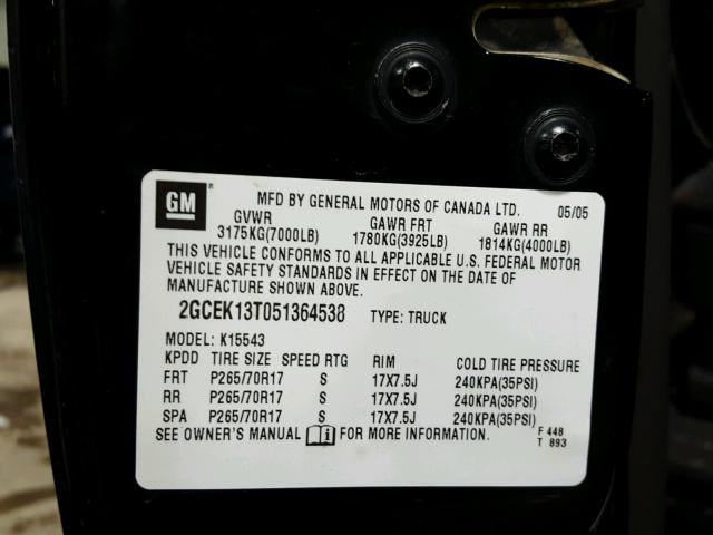 2GCEK13T051364538 - 2005 CHEVROLET SILVERADO BLACK photo 10