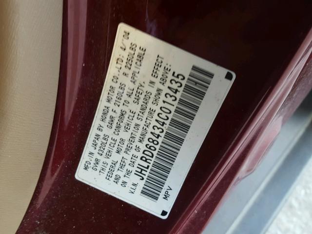 JHLRD68434C013435 - 2004 HONDA CR-V LX MAROON photo 10