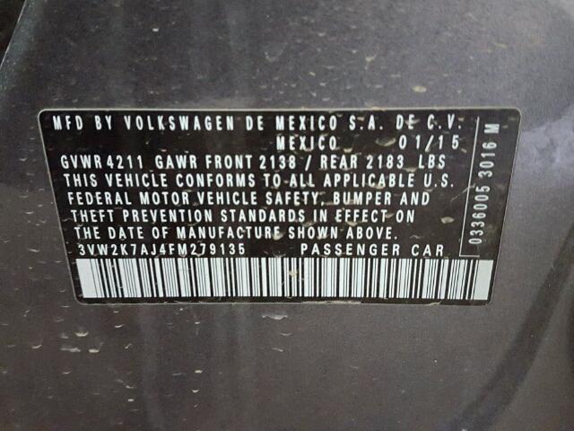 3VW2K7AJ4FM279135 - 2015 VOLKSWAGEN JETTA BASE 灰色 照片 10