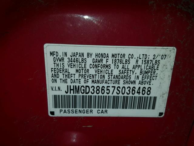 JHMGD38657S036468 - 2007 HONDA FIT S RED photo 10