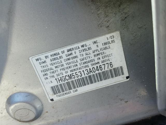 1HGCM55313A046776 - 2003 HONDA ACCORD LX SILVER photo 10