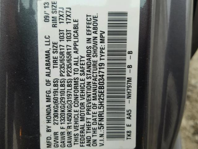 5FNRL5H25EB034719 - 2014 HONDA ODYSSEY LX GRAY photo 10