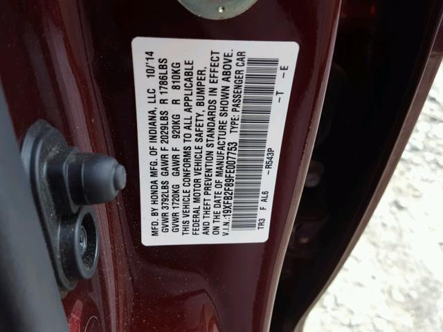 19XFB2F89FE007753 - 2015 HONDA CIVIC EX RED photo 10