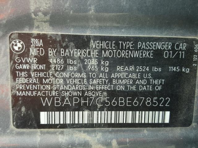 WBAPH7C56BE678522 - 2011 BMW 328 I GRAY photo 10