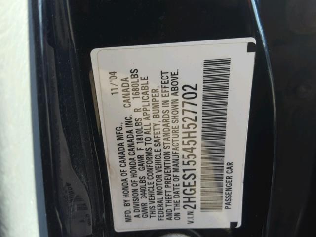 2HGES15545H527702 - 2005 HONDA CIVIC LX BLACK photo 10