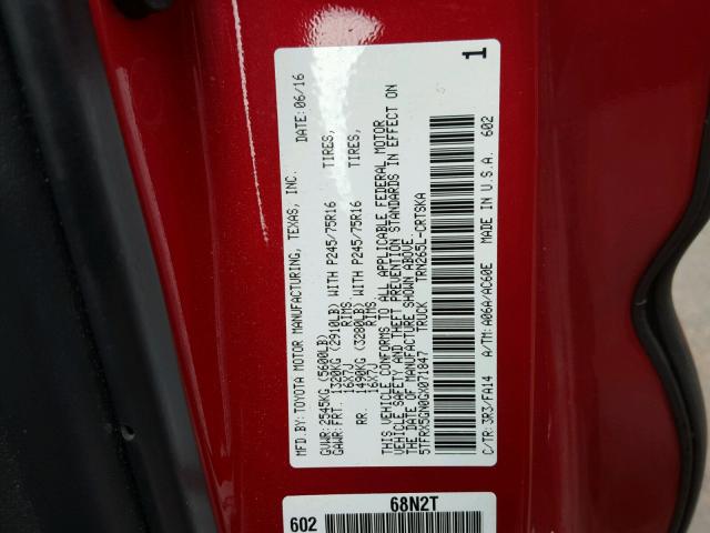 5TFRX5GN0GX071847 - 2016 TOYOTA TACOMA ACC RED photo 10