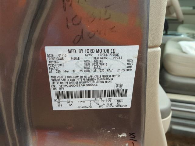 1FMCU0DG2AKB89664 - 2010 FORD ESCAPE XLT GRAY photo 10