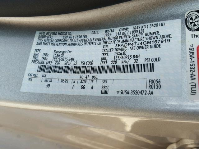 3FADP4TJ4GM167919 - 2016 FORD FIESTA S SILVER photo 10