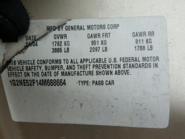 1G2NE52F14M688664 - 2004 PONTIAC GRAND AM S 米色 照片 10