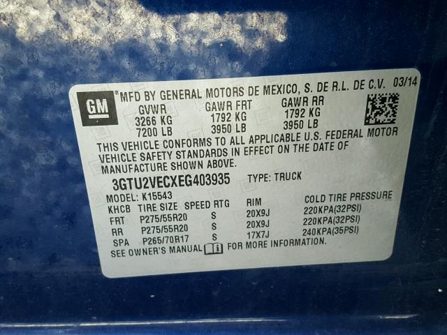 3GTU2VECXEG403935 - 2014 GMC SIERRA K15 BLUE photo 10