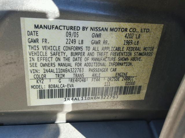 1N4AL11DX6N322763 - 2006 NISSAN ALTIMA S GRAY photo 10