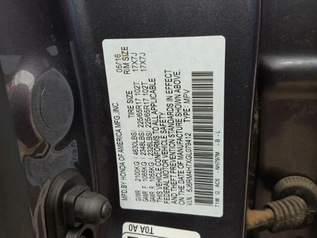 5J6RM4H7XGL079412 - 2016 HONDA CR-V EXL GRAY photo 10