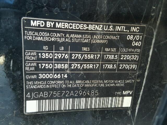 4JGAB75E72A296185 - 2002 MERCEDES-BENZ ML 500 BLACK photo 10