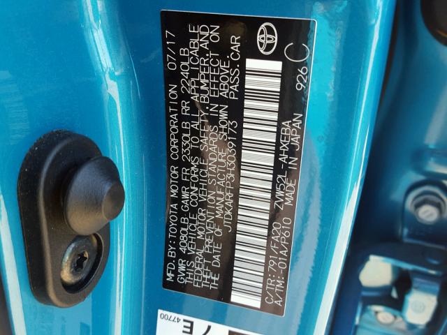 JTDKARFP3H3039173 - 2017 TOYOTA PRIUS PRIM ლურჯი ფოტო 10