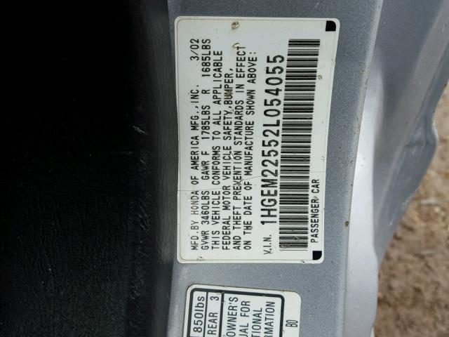 1HGEM22552L054055 - 2002 HONDA CIVIC LX SILVER photo 10