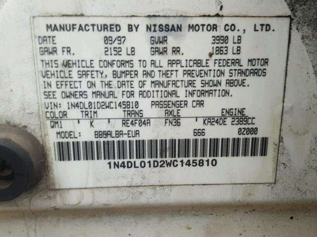 1N4DL01D2WC145810 - 1998 NISSAN ALTIMA XE WHITE photo 10