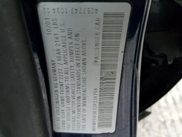 WVWPD63B32P226756 - 2002 VOLKSWAGEN PASSAT GLS BLUE photo 10