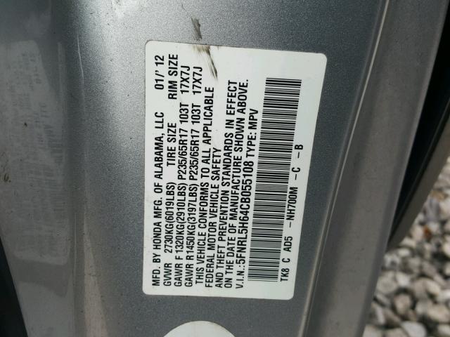 5FNRL5H64CB055108 - 2012 HONDA ODYSSEY EX SILVER photo 10