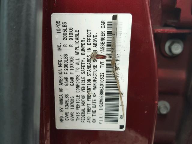 1HGCM66886A010622 - 2006 HONDA ACCORD EX MAROON photo 10