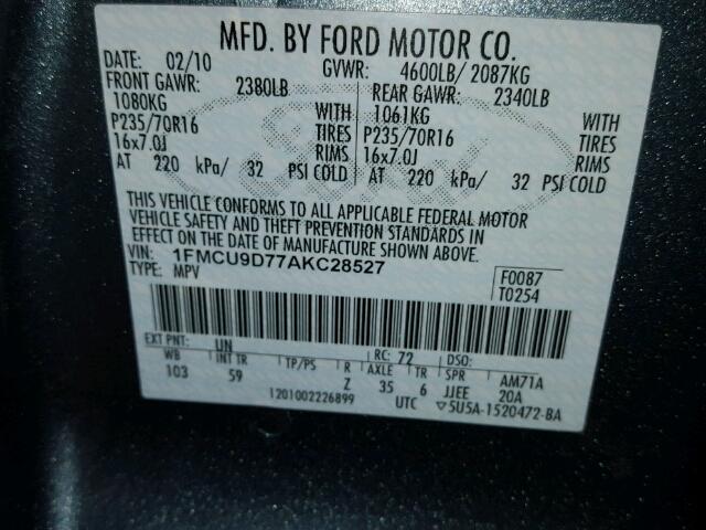 1FMCU9D77AKC28527 - 2010 FORD ESCAPE XLT BLUE photo 10