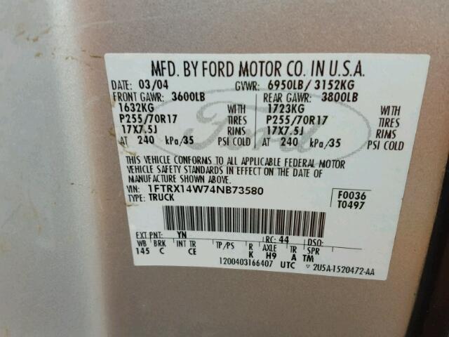 1FTRX14W74NB73580 - 2004 FORD F150 SILVER photo 10