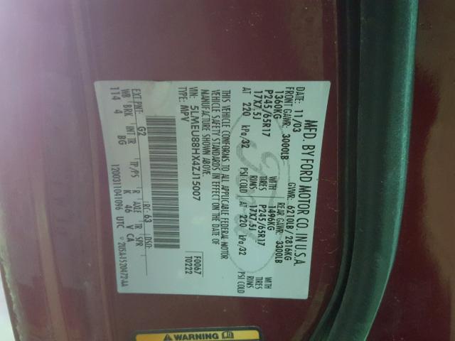 5LMEU88HX4ZJ15007 - 2004 LINCOLN AVIATOR 勃艮第红 照片 10