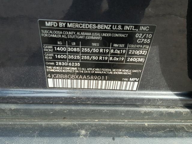 4JGBB8GBXAA589011 - 2010 MERCEDES-BENZ ML 350 4MA BLACK photo 10