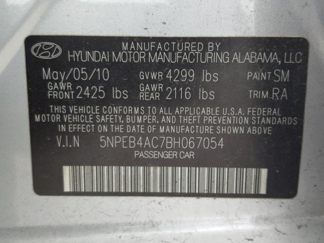 5NPEB4AC7BH067054 - 2011 HYUNDAI SONATA GLS SILVER photo 10