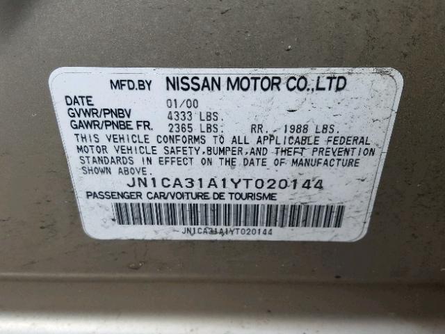 JN1CA31A1YT020144 - 2000 NISSAN MAXIMA GLE GOLD photo 10