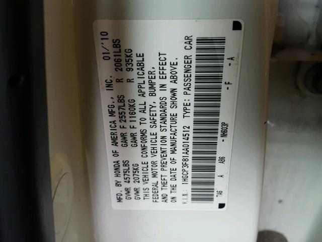 1HGCP3F81AA014512 - 2010 HONDA ACCORD EXL WHITE photo 10