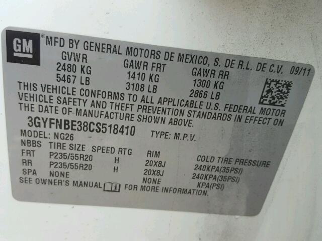 3GYFNBE38CS518410 - 2012 CADILLAC SRX PERFOR 白色 照片 10