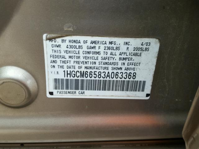 1HGCM66583A063368 - 2003 HONDA ACCORD GOLD photo 10