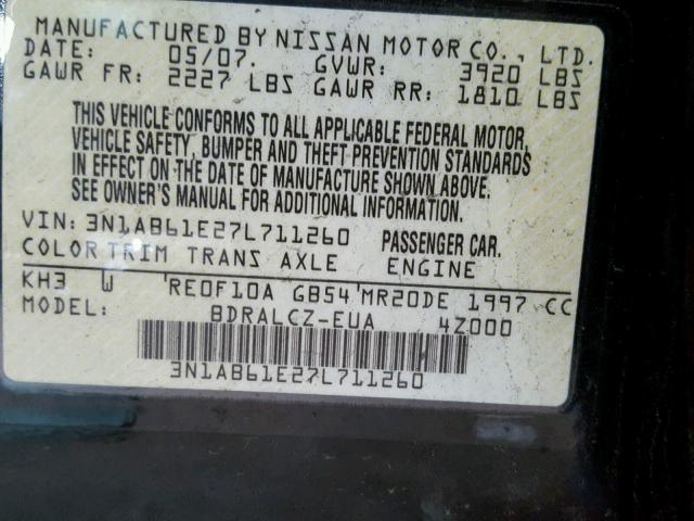 3N1AB61E27L711260 - 2007 NISSAN SENTRA 2.0 BLACK photo 10