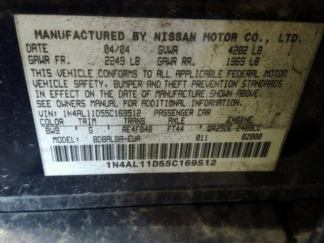 1N4AL11D55C169512 - 2005 NISSAN ALTIMA S BLUE photo 10