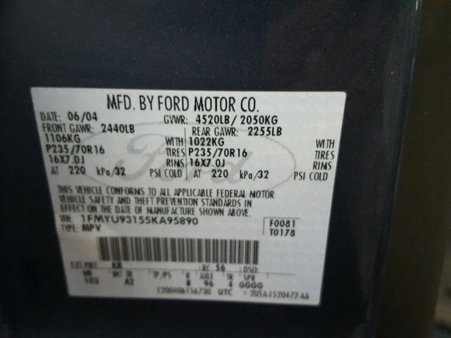 1FMYU93155KA95890 - 2005 FORD ESCAPE XLT BLUE photo 10