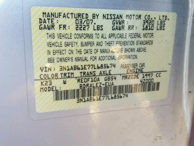 3N1AB61E77L685674 - 2007 NISSAN SENTRA 2.0 SILVER photo 10