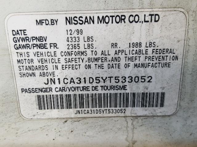 JN1CA31D5YT533052 - 2000 NISSAN MAXIMA GLE WHITE photo 10