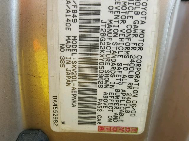 JT2BG22KXY0509628 - 2000 TOYOTA CAMRY CE GOLD photo 10