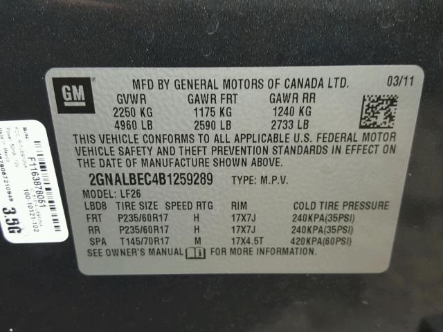 2GNALBEC4B1259289 - 2011 CHEVROLET EQUINOX LS GRAY photo 10