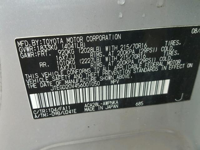 JTEGD20V456001050 - 2005 TOYOTA RAV4 SILVER photo 10