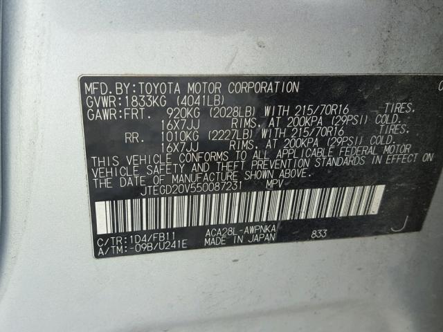 JTEGD20V550087231 - 2005 TOYOTA RAV4 SILVER photo 10