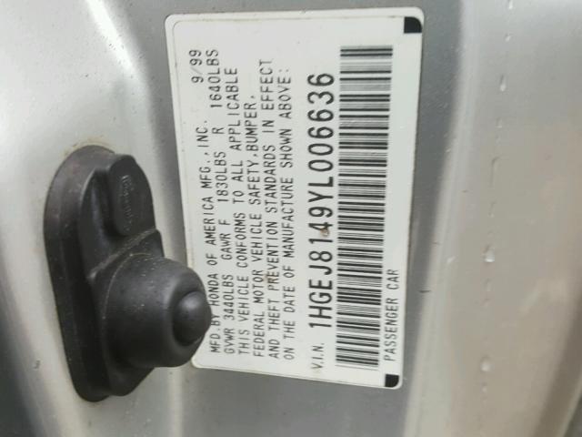 1HGEJ8149YL006636 - 2000 HONDA CIVIC EX ლურჯი ფოტო 10