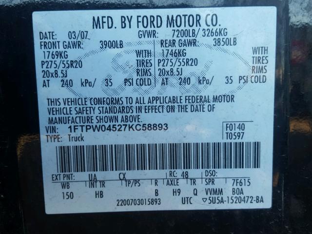 1FTPW04527KC58893 - 2007 FORD F150 SUPER BLACK photo 10