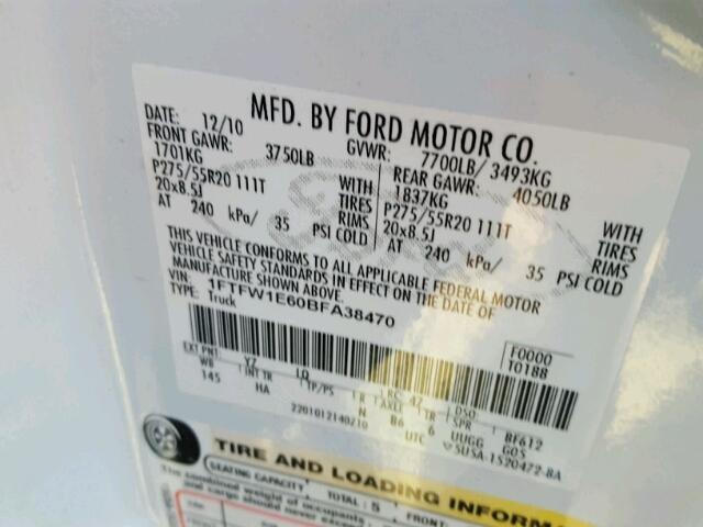 1FTFW1E60BFA38470 - 2011 FORD F150 SUPER WHITE photo 10